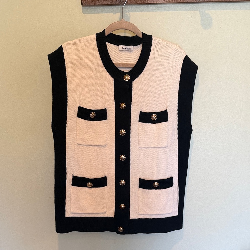 Sandro Black and Cream Sweater Vest with Gold Buttons